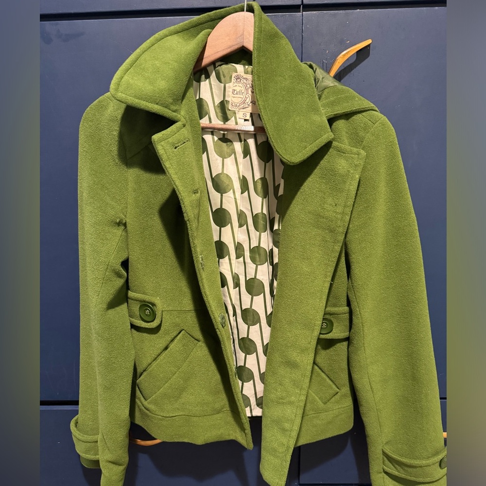 Waist length green pea coat with removable hood